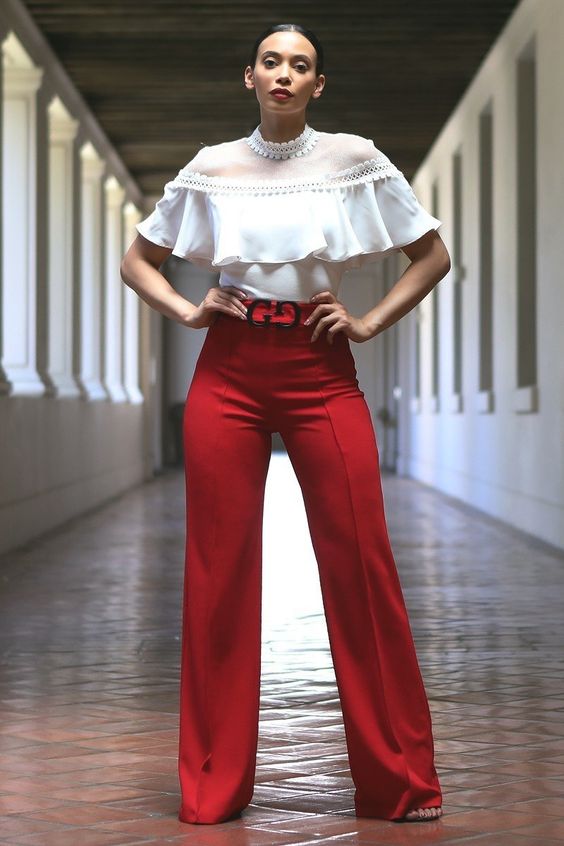 White Ruffle Top with High-Waisted Red Pants